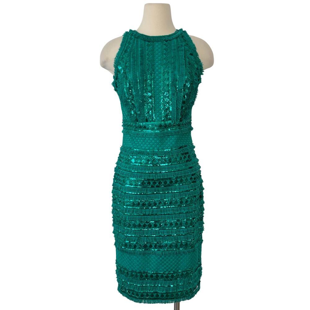 Tadashi Shoji Norma Sequin Fringe Pencil Sheath Dress in Jade Green 8